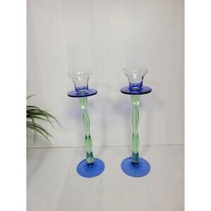 Pair of Lovely Candleholders Blue Green Art Glass Stem Candle Sticks